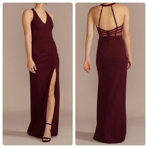 City Triangles ruched crepe halter neck sheath with slit - Size 8